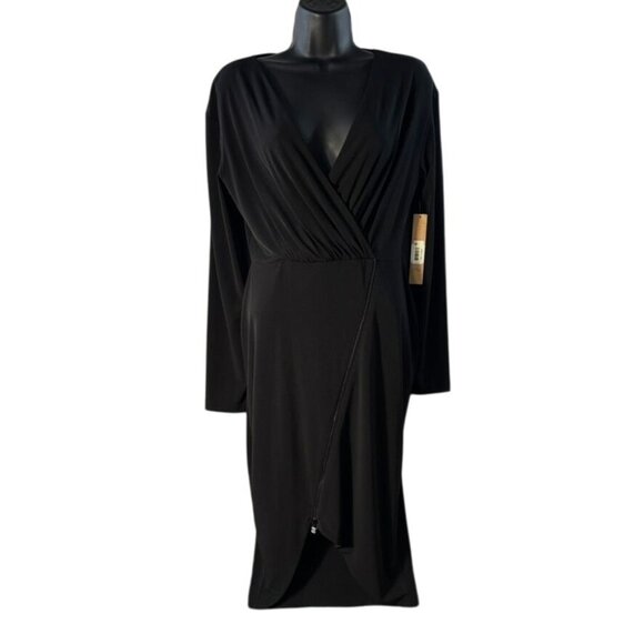 Black Long-Sleeve Wrap Dress With Front Zipper Detail - Picture 1 of 12